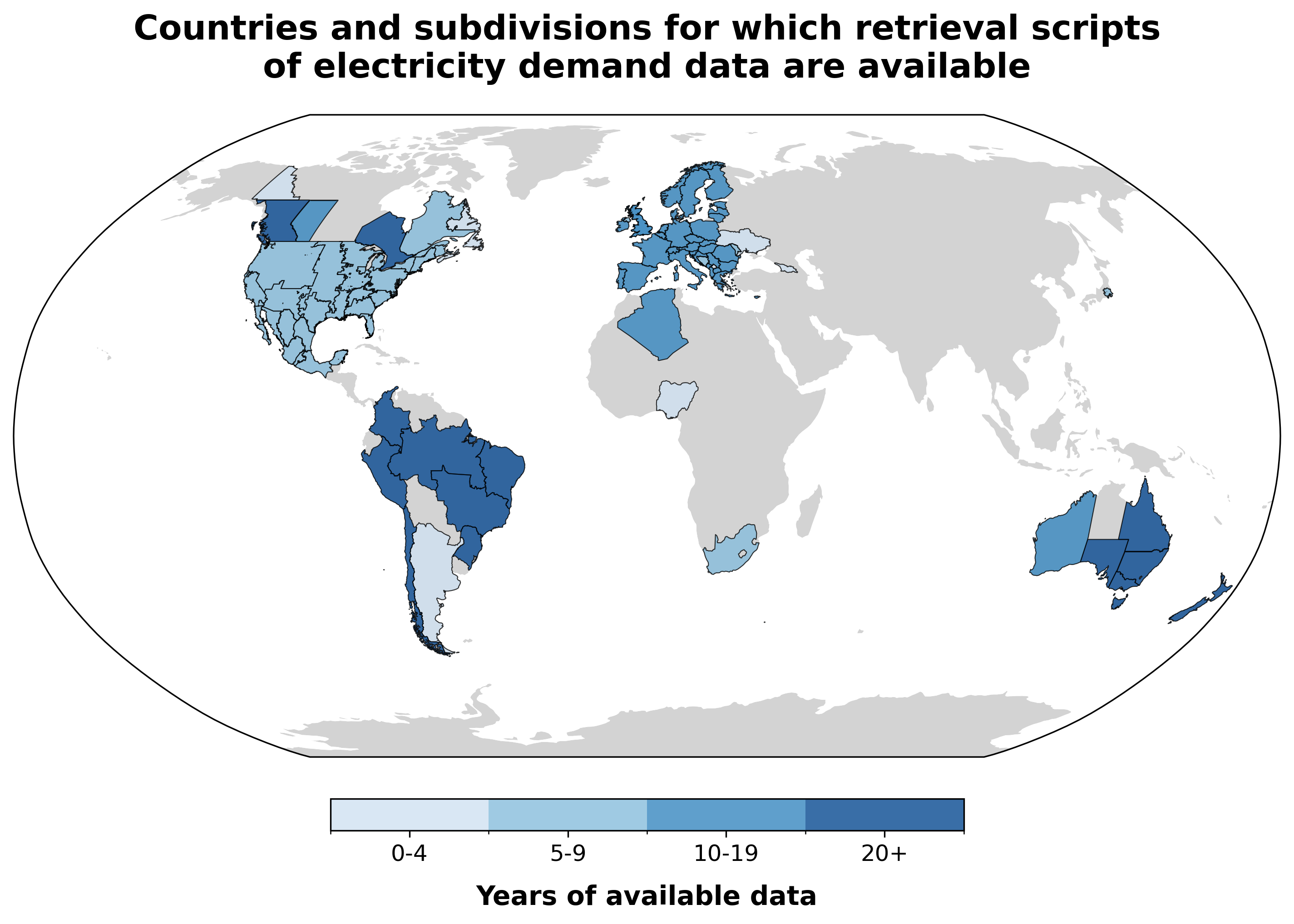 Countries and subdivisions for which retrieval scripts of electricity demand data are available