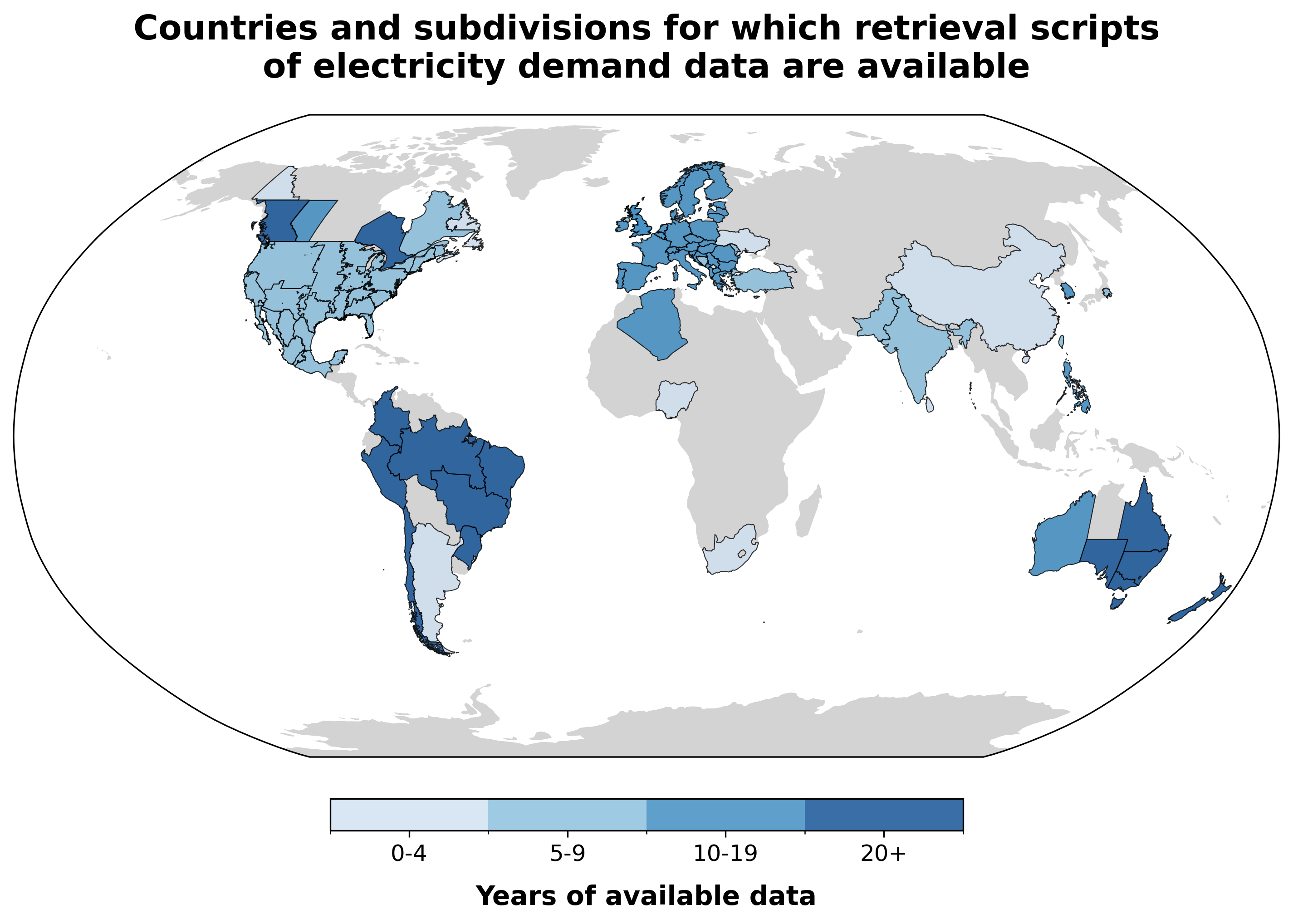 Countries and subdivisions for which retrieval scripts of electricity demand data are available