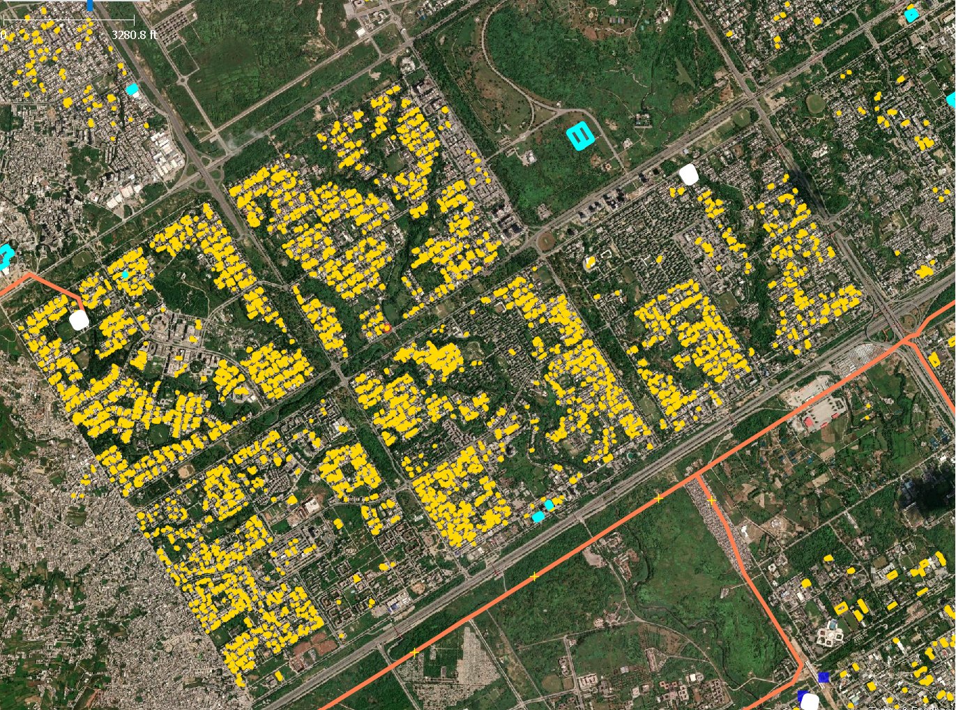A one kilometre wide view of planned residential sectors in Islamabad. Yellow polygons marking mapped rooftop PV cover almost every house across several complete blocks, following the street layout exactly, while the wooded belts and open ground between sectors stay empty.