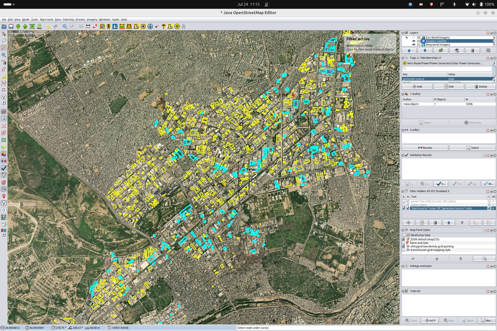 A JOSM session over an industrial district of Karachi. Hundreds of mapped solar generators cover the rooftops along a main road. On the right, the tag editor is open on the Solar Power Generator preset showing generator:source set to solar, and in the layer panel Mapbox Satellite is now the active background where the previous screenshot used Esri.